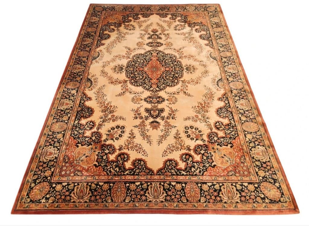 Vintage oosters wol Uzbek vloerkleed medallion 197x296cm, Gebruikt, Crème, 150 tot 200 cm, 200 cm of meer