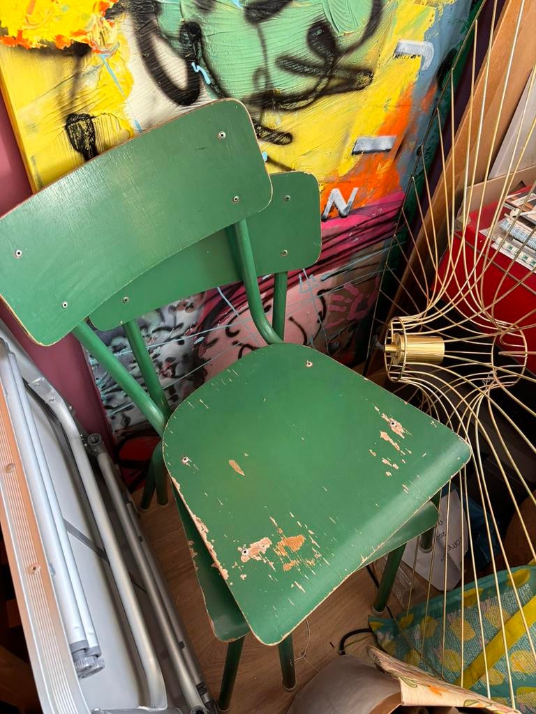 Oude school stoeltjes, groen, vintage, 2 stuks, Ophalen, Gebruikt, Overige typen