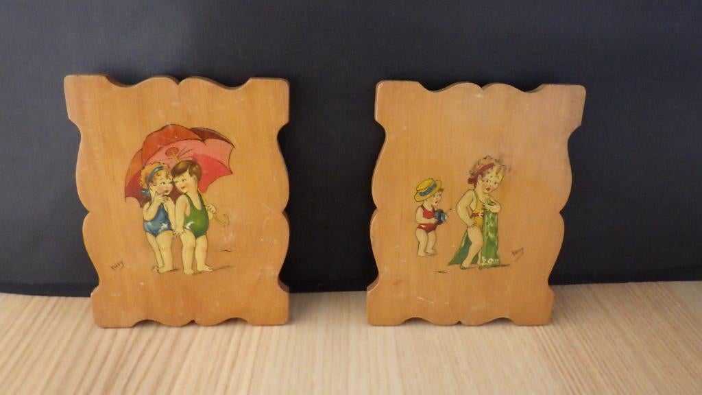 mooie retro houten plakkaten met afbeeldingen van weleer, Ophalen of Verzenden, Overige typen