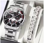 2pcs Luxury Mens Silver Quartz Watch With Stainless Steel, Ophalen of Verzenden, Nieuw, Android