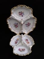 2 Oude barok 3vakserveerschalen vol goud en bloemen, Antiek en Kunst, Antiek | Servies los, Verzenden