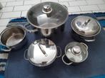 Pannenset, in prima staat, 2x Le Chef, 2x Vendex, 1x onbeken, Huis en Inrichting, Ophalen, Rvs of Chroom