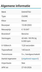 Daihatsu Cuore 1.0 5D 2003 Blauw, Auto's, Daihatsu, 600 kg, 715 kg, Origineel Nederlands, 989 cc