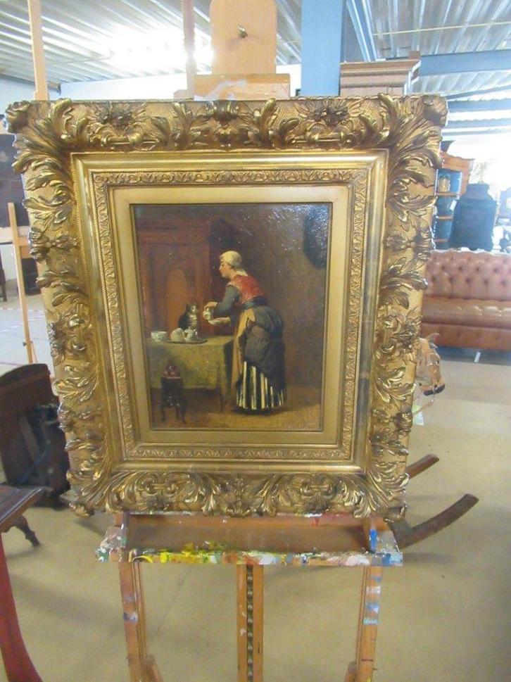 Oer 11619 ANTIEK schilderij "Vrouw met poes", Antiek en Kunst, Kunst | Schilderijen | Klassiek, Ophalen