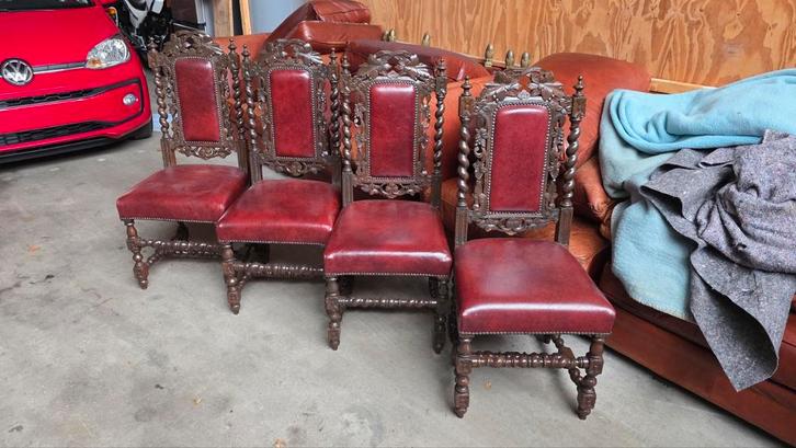 4 Rijk Bewerkte Franse Jachtstoelen met Leder, Antiek en Kunst, Antiek | Meubels | Stoelen en Banken, Ophalen of Verzenden