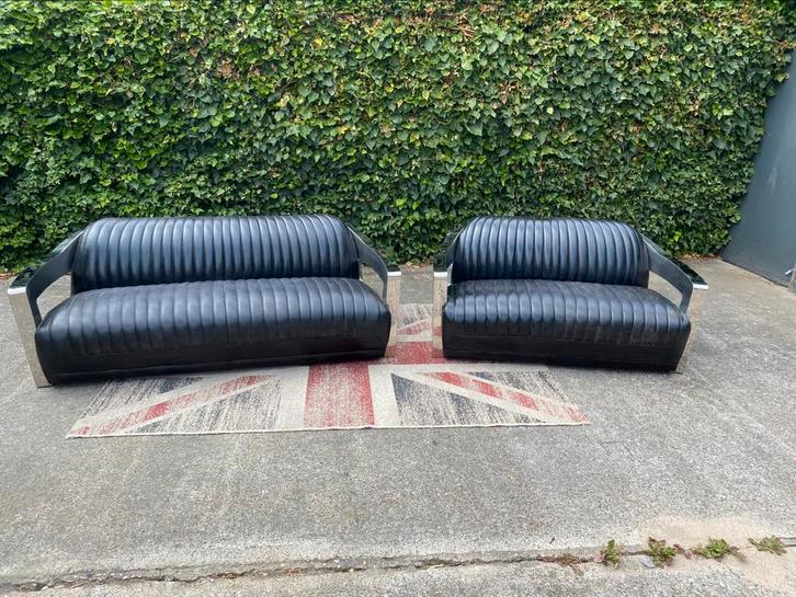 Aviator Timothy Oulton zwart generfde leren Set !!!, Huis en Inrichting, Banken | Bankstellen, Gebruikt, Rechte bank, Overige maten
