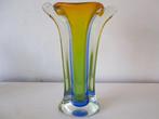 Grote kristal glas vaas vase geel en blauwe kleuren, Antiek en Kunst, Ophalen of Verzenden