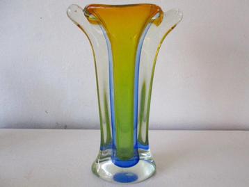 Grote kristal glas vaas vase geel en blauwe kleuren beschikbaar voor biedingen