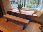 Unieke Boomstam Tafel en bankje met Stalen Onderstel, Huis en Inrichting, Tafels | Eettafels, Ophalen, Rechthoekig, 150 tot 200 cm