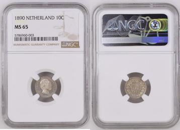 Nederland - 10 cent 1890 Willem III in NGC slab MS65