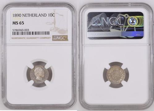 Nederland - 10 cent 1890 Willem III in NGC slab MS65, Postzegels en Munten, Munten | Nederland, Losse munt, 10 cent, Koning Willem III