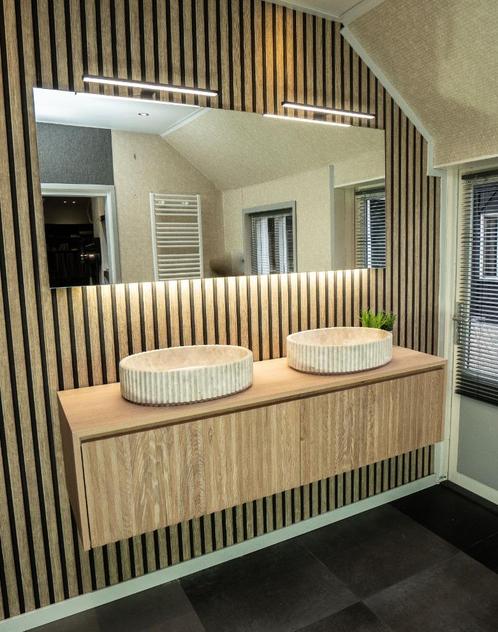 Geribbeld massief Eiken Houten badmeubel voor waskom 160cm, Huis en Inrichting, Badkamer | Badkamermeubels, Nieuw, Wastafelkast