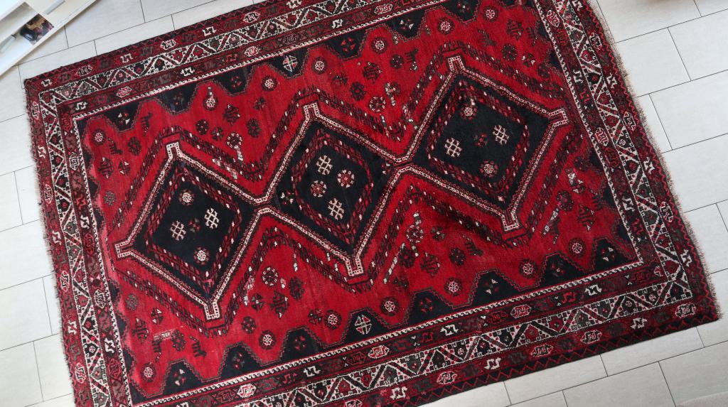Groot handgeknoopt Perzisch Shiraz tapijt - 300 x 222 cm, Ophalen, Gebruikt, Rood, Traditioneel, tribaal