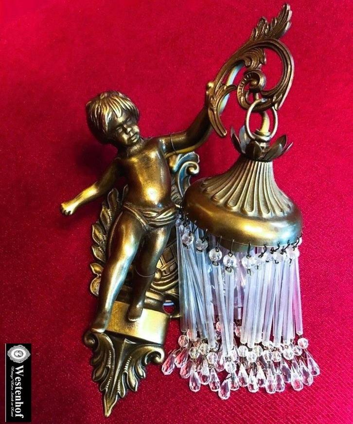 Wandlamp antiek barok engel beeld brons - kristal - staafjes, Antiek en Kunst, Antiek | Lampen, Verzenden