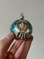 Retro Vintage Blauw Zilver Gesuikerde Ronde Kerstbal, Ophalen of Verzenden, Gebruikt