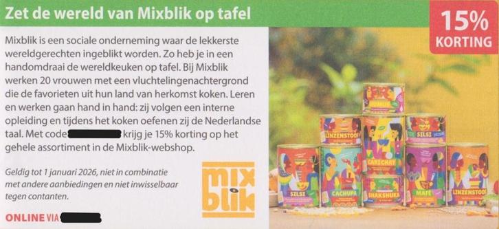 Mixblik 15% korting Postcodeloterij voordeelbon/kortingscode, Tickets en Kaartjes, Kortingen en Cadeaubonnen, Eén persoon, Warenhuis- of Winkelbon
