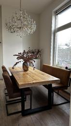 Oud massief eiken tafel met stalen poten, Huis en Inrichting, Ophalen, Gebruikt, Eikenhout, 200 cm of meer