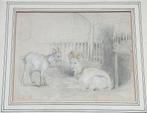 Jan Striening (1827-1903) - Bokken in stal (tekening), Antiek en Kunst, Kunst | Tekeningen en Foto's, Ophalen of Verzenden