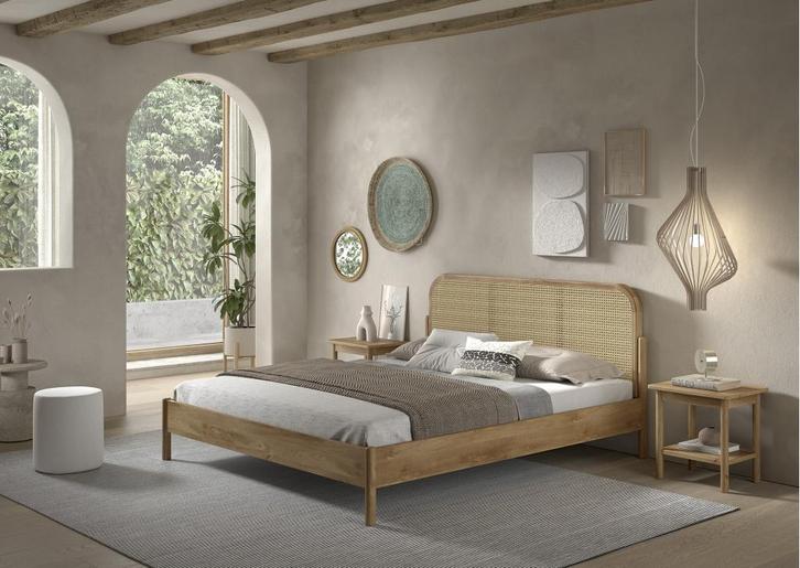 Olive rotan 2-persoonsbed - Massief eiken, Huis en Inrichting, Slaapkamer | Bedden