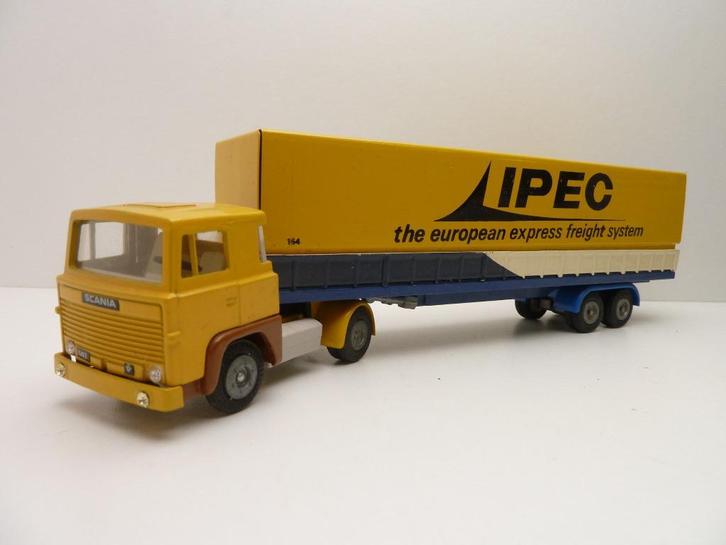 Scania 141 met huiftrailer  '' Tekno ''  loop of sloop, Hobby en Vrije tijd, Modelauto's | 1:50, Gebruikt, Bus of Vrachtwagen