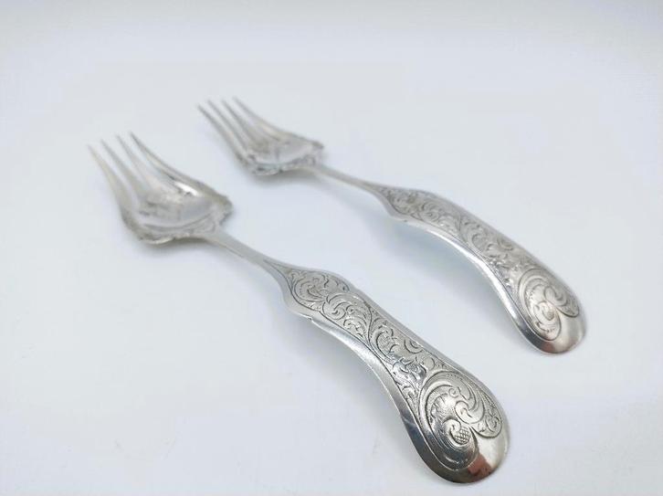 2 Zilveren zuurvorken, P.L. Uriot, Amsterdam, 1853, Antiek en Kunst, Antiek | Goud en Zilver, Zilver, Verzenden