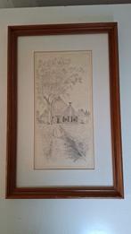 Tekening van boerderij met boom in houten lijst - 43 x 28 cm, Ophalen of Verzenden
