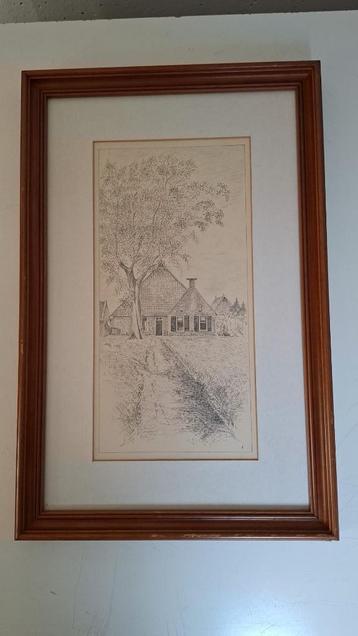 Tekening van boerderij met boom in houten lijst - 43 x 28 cm beschikbaar voor biedingen
