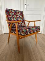 Vintage Mid-Century fauteuil armleuningen beukenhout, Ophalen, Gebruikt, Minder dan 75 cm, Stof