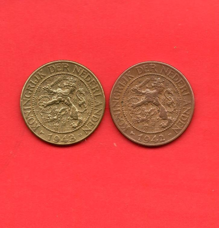 WILHELMINA 1CENT 1942 & 1 CENT 1943 MESSING, Postzegels en Munten, Munten | Nederland, Setje, 1 cent, Koningin Wilhelmina, Ophalen of Verzenden