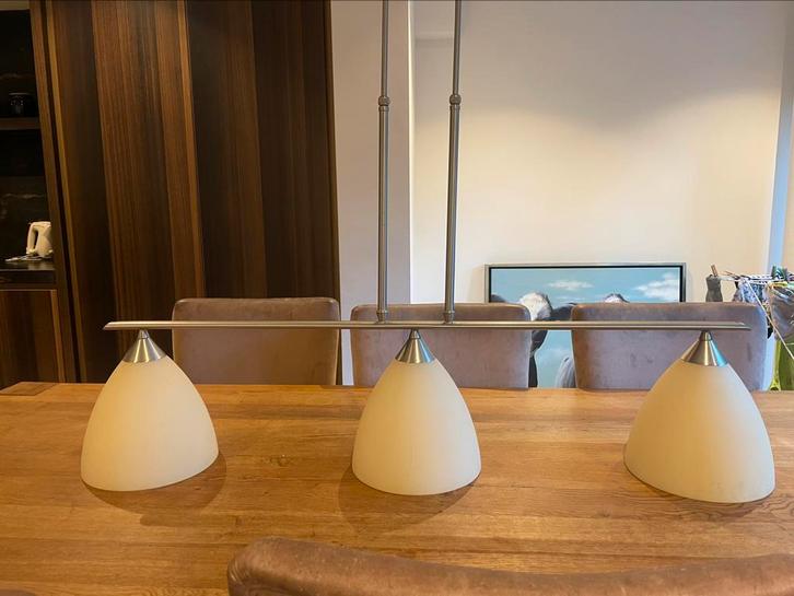 Mooie hanglamp eettafel 115cm breed, Huis en Inrichting, Lampen | Hanglampen, Gebruikt, 75 cm of meer, Glas, Metaal, Ophalen of Verzenden