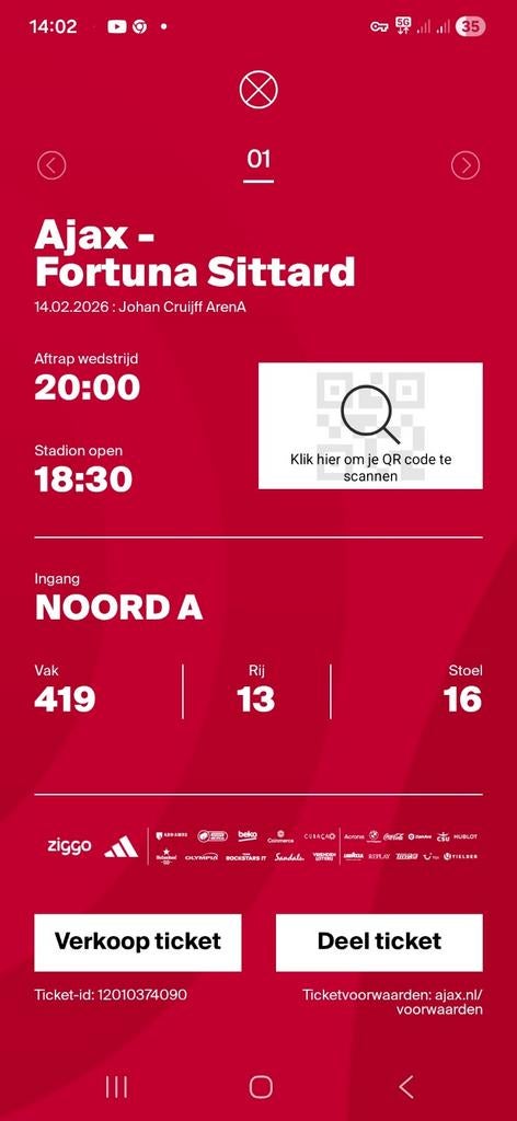 1x Ajax - Fortuna Sittard | vak 419, Tickets en Kaartjes, Sport | Voetbal, Eén persoon, April