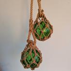 Vintage groen glazen bollen boeien / drijvers Macramé Visnet, Ophalen of Verzenden