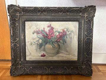 Schilderij met gips op hout lijst (bloemen in vaas) beschikbaar voor biedingen