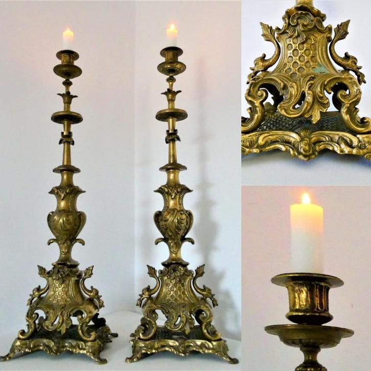 2 Unieke grote bronzen kandelaars met onderop 2 vissen, Antiek en Kunst, Antiek | Kandelaars, Koper of Brons, Ophalen of Verzenden