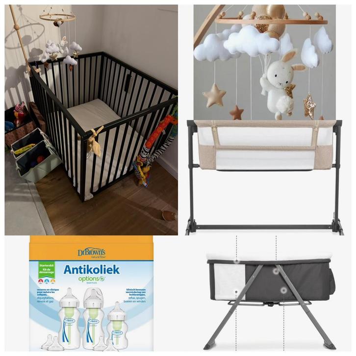 Baby uitzet pakket: box, wipstoeltje, co-sleeper, meer!, Kinderen en Baby's, Boxen, Zo goed als nieuw, Rechthoekig, In hoogte verstelbaar