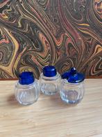 Antiek Zout, peper en mosterd setje glas met blauwe deksels, Ophalen of Verzenden