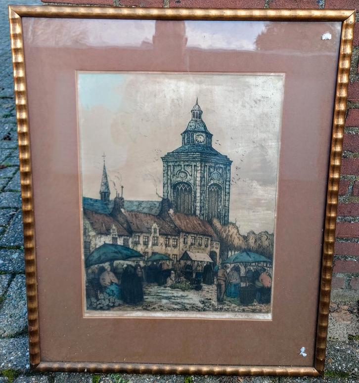 Julien CELOS (1884 - 1953) Markt scene ~1920 groot ets, Antiek en Kunst, Kunst | Etsen en Gravures, Ophalen of Verzenden