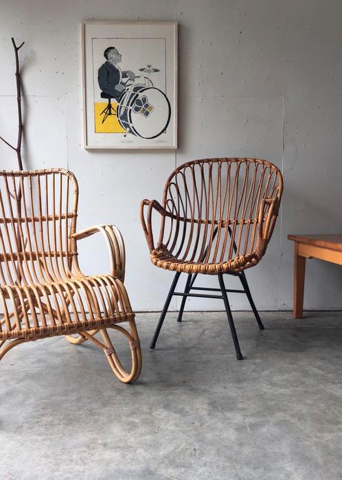 Vintage rotan stoel midcentury rattan, Huis en Inrichting, Stoelen, Gebruikt, Eén, Metaal, Riet of Rotan, Bruin, Ophalen