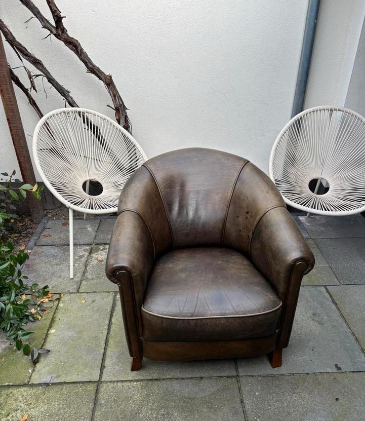 Mooie landelijk schaaps lederen clufauteuil bruin | groen, Huis en Inrichting, Fauteuils, Zo goed als nieuw, Leer, 50 tot 75 cm