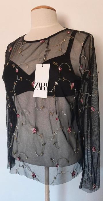 Zara zwarte top met tule borduurwerk maat M beschikbaar voor biedingen
