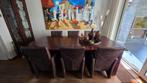 Eethoek: Tafel 225 x 100 cm. massief, met 6 fauteuils leder, Ophalen, 100 tot 150 cm, Teakhout, 200 cm of meer