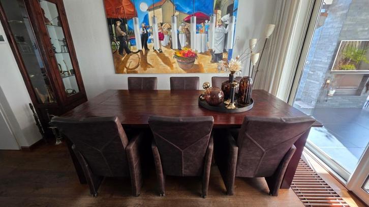 Eethoek: Tafel 225 x 100 cm. massief, met 6 fauteuils leder, Huis en Inrichting, Tafels | Eettafels, Zo goed als nieuw, 100 tot 150 cm