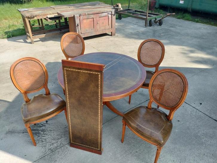 Tafel-set met 4 lederen/rieten stoelen, Huis en Inrichting, Complete eetkamers, Gebruikt, 4 tot 6 stoelen, Ophalen