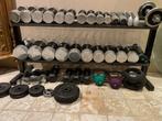 Halterrek zeer compleet met gewichten, dumbels etc, Ophalen, Gebruikt, Halterset