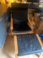 IKEA POÄNG Armchair and Footstool, Black leather, Huis en Inrichting, Gebruikt, Hout, 75 tot 100 cm, 50 tot 75 cm