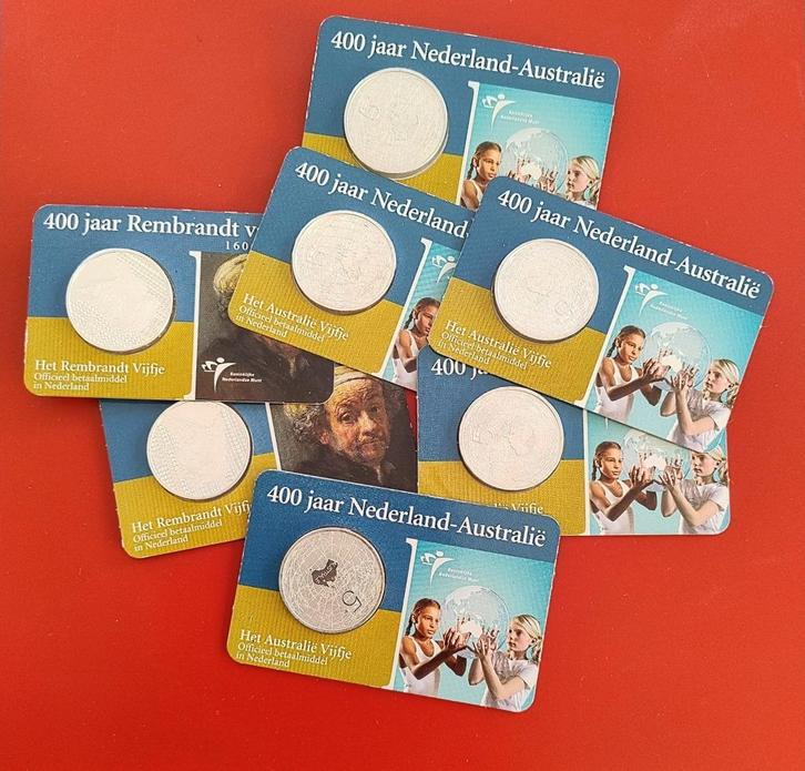 Zilver Vijfjes in Coincards - 400 Jaar Australie - Rembrandt, Postzegels en Munten, Munten | Nederland, Setje, Euro's, Koningin Beatrix