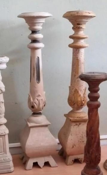 2 grote Brocante Barok kandelaars hout shabby chic  beschikbaar voor biedingen