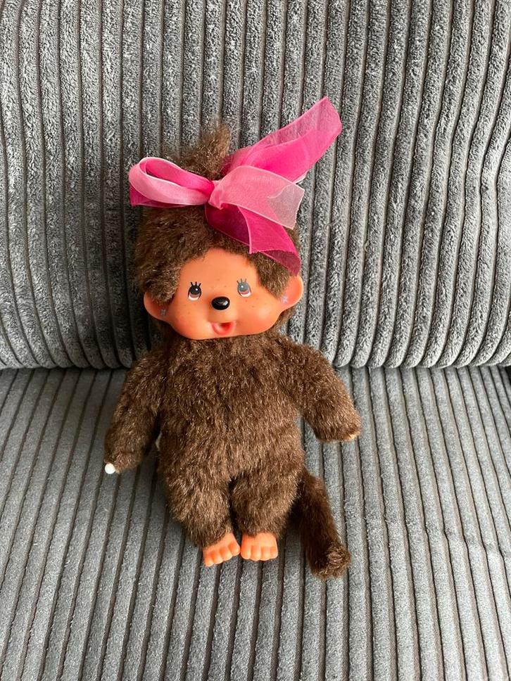 Monchhichi aapje originele Sekiguchi bruin aapje roze strik, Kinderen en Baby's, Speelgoed | Knuffels en Pluche, Gebruikt, Overige typen