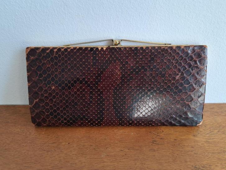 vintage slangenleren portemonnaie, Sieraden, Tassen en Uiterlijk, Portemonnees, Gebruikt, Bruin, Leer, Met knipsluiting, Ophalen of Verzenden