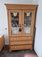 Grenen houten kast met glazen deuren en lades, Ophalen, Gebruikt, 100 tot 150 cm, Met deur(en)